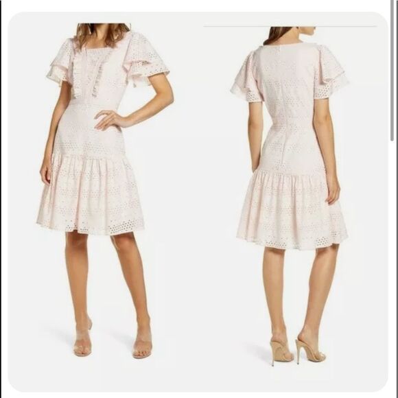 Rachel Parcell‎ Pink Eyelet Lace Flare Dress Sz L - Picture 1 of 7